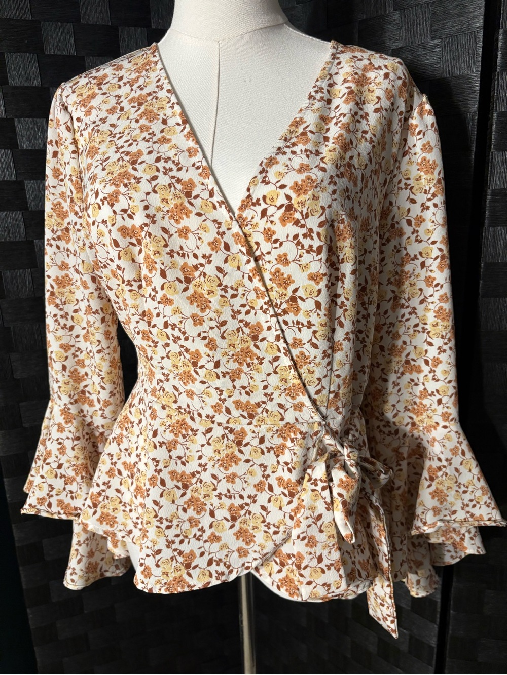 Meraki Womens Floral Wrap Blouse - Cream & Brown